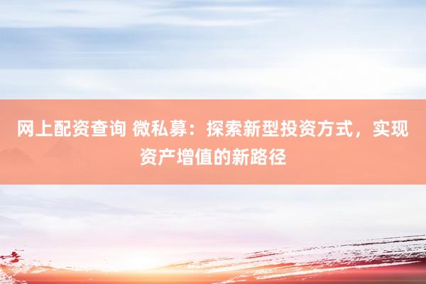 网上配资查询 微私募：探索新型投资方式，实现资产增值的新路径